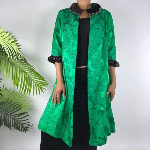 Women's Vintage 50's Emerald Floral Classy Beaded Fux Fur Satin Long Coat / S/M - Picture 4 of 5